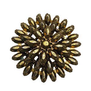 Vintage Gold Rhinestone Floral Brooch Pin Round Design Gold Tone Metal